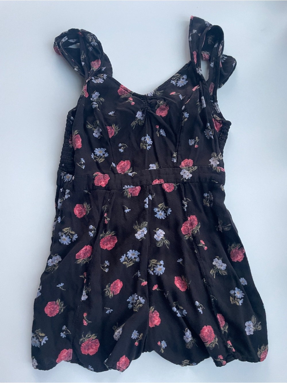American Eagle Outfitters Black Floral Romper with Pink and Lavender Flowers